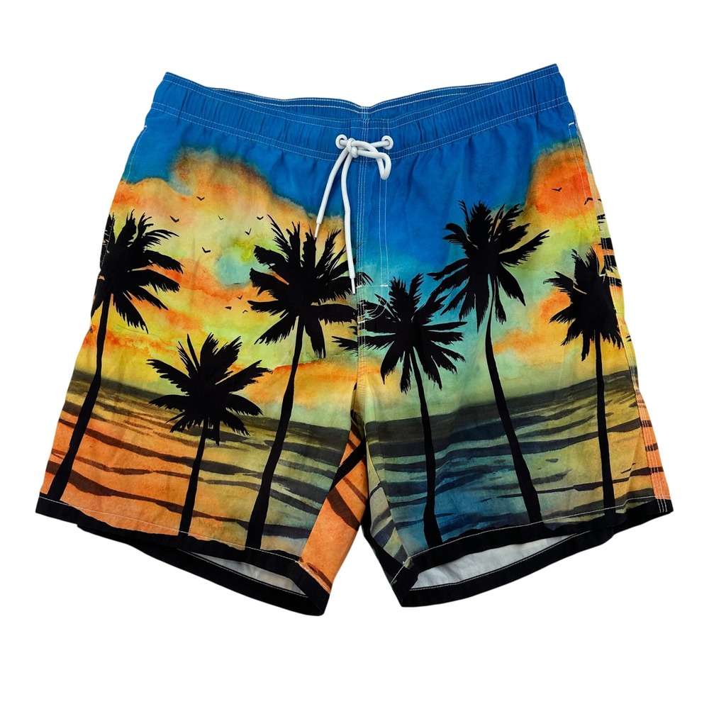 Mens Tropical Palm Tree Sunset Board Shorts Blue Orange Swim Trunks XL Lined
